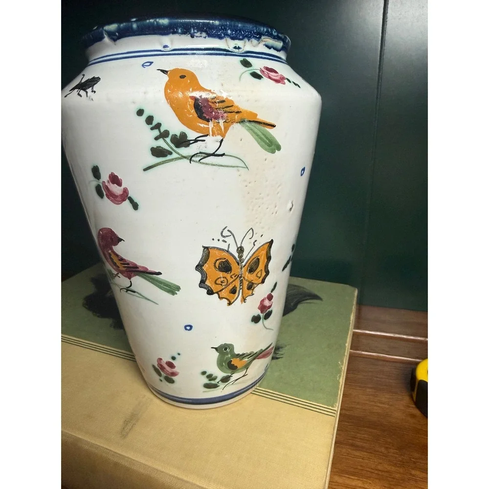 Vintage Italian Hand Painted Bird Butterfly Vase Whimsical Cottagecore Italy